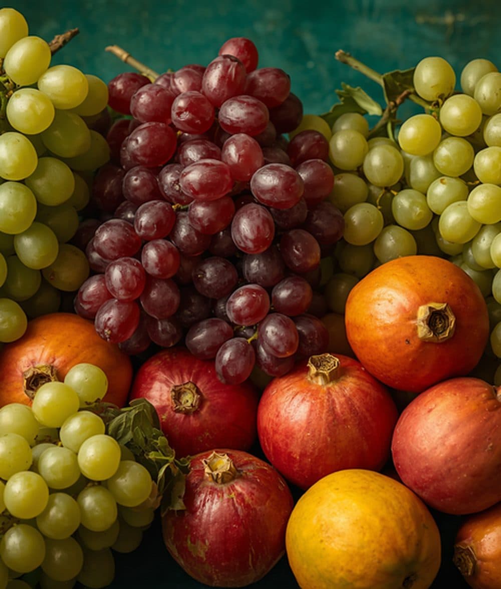 Grapes, pomegranates and oranges packed together after grading
