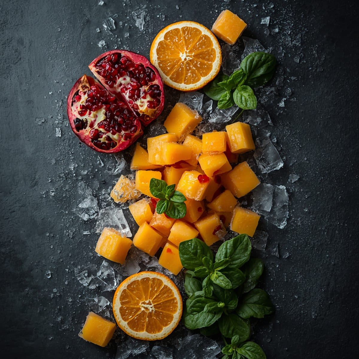 Frozen mango cubes, pomegranate seeds and orange slices on ice
