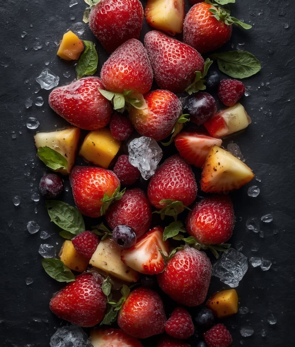 IQF frozen strawberries and mango pieces on ice